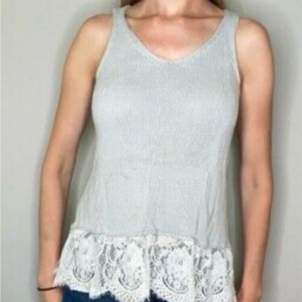 Cloud Chaser Gray Knit Tank Sweater with Lace Trim Small